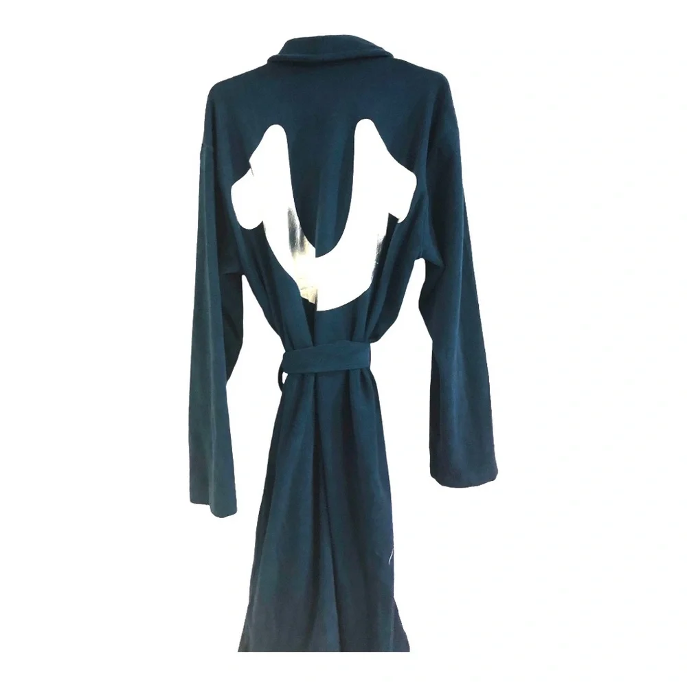 True Religion dark navy blue fleece silver logo lounge bath robe size small new‎